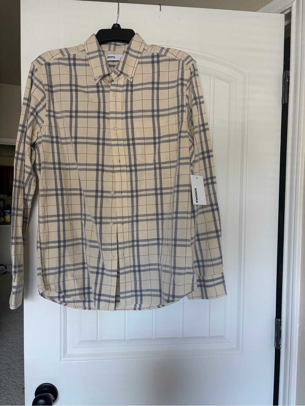 Sonoma Beige and Gray Plaid Button-Down Shirt Cordrouy fabric